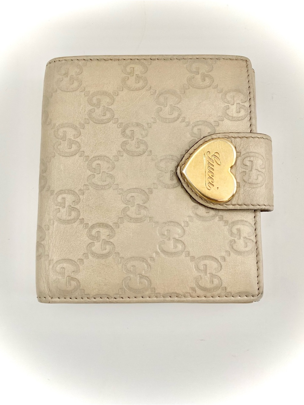 Gucci Beige GG Embossed Heart Snap Wallet with Gold Tone Logo